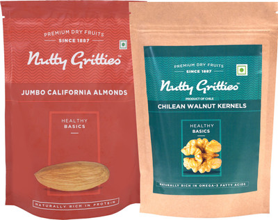 

Nutty Gritties Jumbo California Almonds and Chilean Walnuts Kernels Combo(223 GMS each) Almonds, Walnuts(446 g, Pouch)
