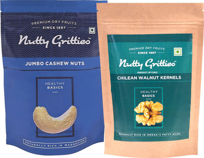 

Nutty Gritties Jumbo Cashew Nuts and Chilean Walnuts Kernels Combo(223 GMS each) Cashews, Walnuts(446 g, Pouch)