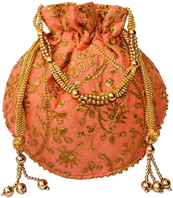 

Dms Retail Embroidered Silk Potli Bag Ethnic Clutch Batwa Bag For Women And Girls Peach Potli(Tan)
