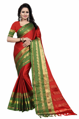 Fancy Fab Striped, Embellished Kanjivaram Cotton Blend Saree(Red, Green)