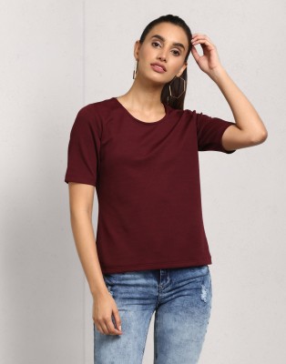 METRONAUT Solid Women Round Neck Maroon T-Shirt