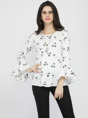 TANDUL Casual Bell Sleeve Printed, Floral Print Women White Top
