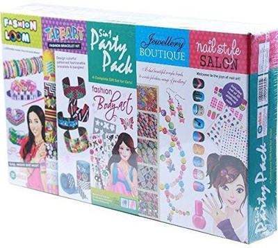 

Ekta 5 in 1 Party Pack With Fashion Loom, Nail Art, Jewellery Boutique , Nail Style and Tape Art a complete gift set for girls