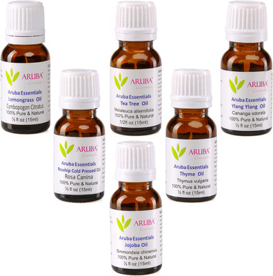 

Aruba Essentials 100% Undiluted LEMONGRASS, Tea Tree, Ylang Ylang, Rosehip Cold Pressed, Thyme & Jojoba Oils (15 ml Each)(90 ml)