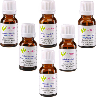 

Aruba Essentials 100% Undiluted LEMON, Tea Tree, Ylang Ylang, Black Cumin Seed, Thyme & Jojoba Oils (15 ml Each)(90 ml)