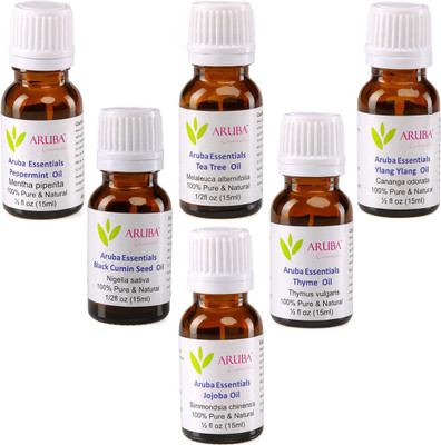 

Aruba Essentials 100% Undiluted Peppermint , Tea Tree, Ylang Ylang, Black Cumin Seed, Thyme & Jojoba Oils (15 ml Each)(90 ml)