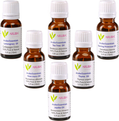 

Aruba Essentials 100% Undiluted LEMONGRASS, Tea Tree, Evening Primrose, Rosemary, Thyme & Jojoba Oils (15 ml Each)(90 ml)
