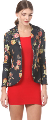 Saadgi Floral Print Single Breasted Casual Women Blazer(Black)