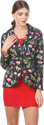 Saadgi Floral Print Single Breasted Casual Women Blazer(Black)
