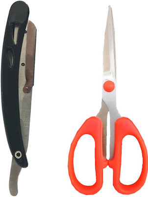 

JAMPAK Stainless Steel Straight Barber Folding Hair Salon Razor with plastic handle , Small Safety Scissor For Office, Hair Cutting, Moustache Trimming, Kids Craft(Set of 2)