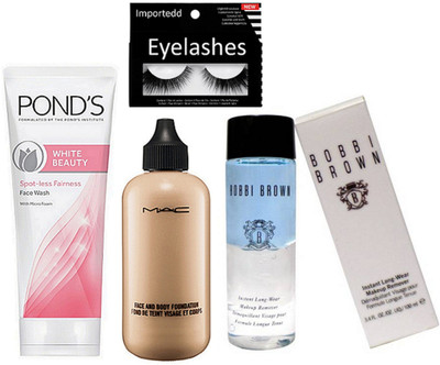

Importedd Eyelashes, Mac Face and body Foundation with Bobbi Brown instant long wear makeup remover, Pond's White Beauty Spot-Less Fairness Face Wash(Set of 4)
