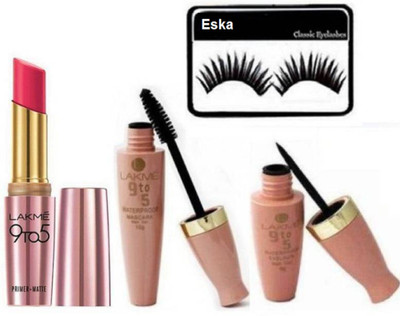 

eska Eyelashes, Lakme 9 to 5 Matte Prime Lipstick, Waterproof Eyeliner, Mascara(Set of 4)