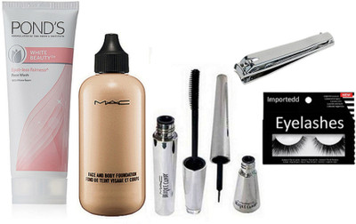 

Importedd Eyelashes, Mac Face And Body Foundation, Brooke Candy Eyeliner & Mascara, Pond's White Beauty Spot-Less Fairness Face Wash, Nail Cutter(Set of 6)