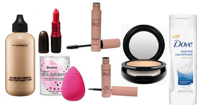 

BRUTUS Sponge Puff, Mac Face & Body Foundation, Studio fix Compact, Lady Gaga Lipstick and 9to5 Eyeliner & Mascara, dove essential nourishment body lotion(Set of 7)