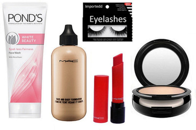 

Importedd Eyelashes, Mac Face And Body Foundation, Compact, Liptensity lipstick, Pond's White Beauty Spot-Less Fairness Face Wash(Set of 5)