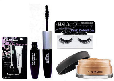 

Pink rebellion Eyelashes & color bar 2 in 1 Eyeliner+Mascara & Loose Powder With Eyelashes Glue(Set of 4)