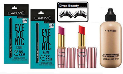 

divas beauty Eyelashes ,LAKME EYECONIC KAJAL Pack of 2 & Lakme 9 to 5 Lipstick ,Mac Face And Body Foundation(Set of 6)