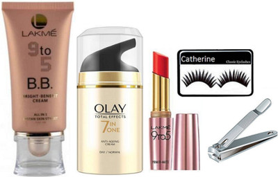 

catherine eyelashes with lakme 9to5 BB Bright benefit cream, primer matte lipstick, Olay total effect 7 in one cream with nail cutter(Set of 5)