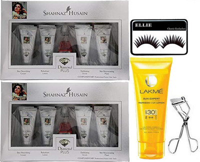 

ellie Eyelashes & Shahnaz Husain daimond facial kit pack of 2, lakme sun expert lotion, with eyelashes curler(Set of 5)