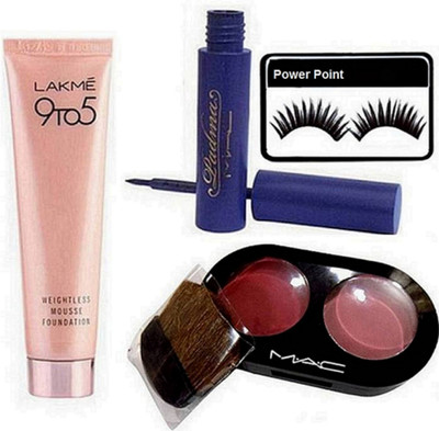 

power point Eyelashes &9 to 5 weightless mousse foundation & Two shade blusher & padma liquid last eyeliner(Set of 4)