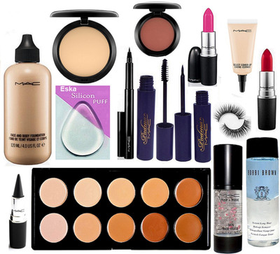 

eska Silicon Puff , Mac Face And Body Foundation, Compact, Pen Eyeliner, Padma Eyeliner, Mascara, Candy Yum-yum Lipstick 2, Eyelashes, Prep-Prime Face Primer, Blusher, 10 Shade Concealer Palette, Select CoverUp, Stick Kajal, Bobbi brown Liquid MakeUp Remo