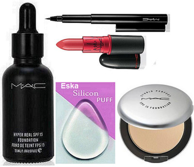 

eska Silicon Puff With Mac Hyper Real Foundation SPF 15, Studio Prefect Compact, Lady Gaga Lipstick, Pen Eyeliner(Set of 4)