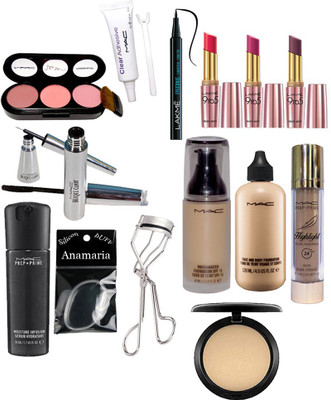 

anamaria Silicone Puff & Mac 3 Shade Blusher & Matchmaster&Face&Body Foundation & Brooke Candy Eyeliner+Mascara & Lakme 9 to 5 Primer Matte Lipstick & Eyeconic Pen Eyeliner & Compact & Prep+Prime Pearl Radiance Highlight & Moisture Infusion Face Serum & E
