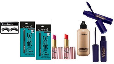 

divas beauty Eyelashes & LAKME EYECONIC KAJAL Pack of 2 & Lakme 9 to 5 Lipstick ,Mac Face And Body Foundation ,Padma Liner & Mascara(Set of 8)