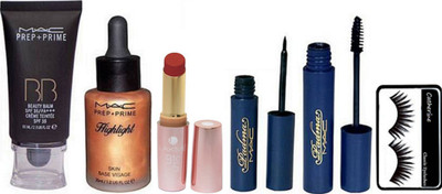 

catherine eyelashes, mac padma eyeliner and mascara, BB Cream, prep+prime highlighter, lakme 9to5 lipstick(Set of 6)