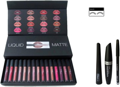 

Butees18 Huda Beauty COMBO OF Lipstick Set of 15 Mac 3 in 1 WITH 1 PAIR EYELASHES(Set of 3)