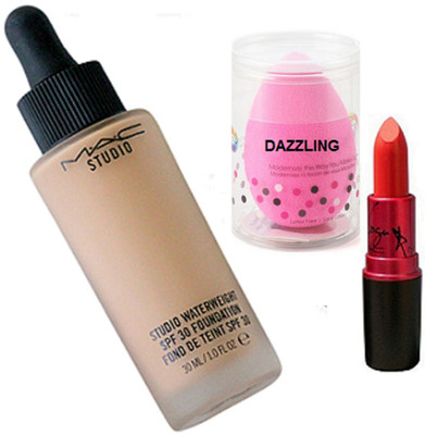 DAZZLING Sponge Puff & Studio Waterweight Foundation & Lady Gaga Lipstick(Set of 3)