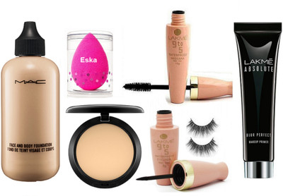 

eska Sponge Puff, Mac Face And Body Foundation, Compact & Lakme 9 to 5 Waterproof Eyeliner, Mascara, Eyelashes, Lakme Absolute Blur Perfect Makeup Primer(Set of 7)