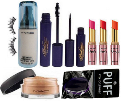 

pro longwear combo Silicon Puff, Mac Match Maste Foundation,loose powder,Padma eyeliner+mascara with Eyelashes,Lakme 9to5 Primer+Matte lipstick(pack of 3)(set of 9)(Set of 9)