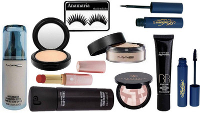 

anamaria Eyelashes & Mac Matchmaster Foundation Padma Eyeliner+Mascara & Lakme 9 to 5 Matte Lipstick & Compact & Loose Powder & Anastasia Illuminator & BB Beauty Balm Cream & Moisture Infusion Face Serum(Set of 10)