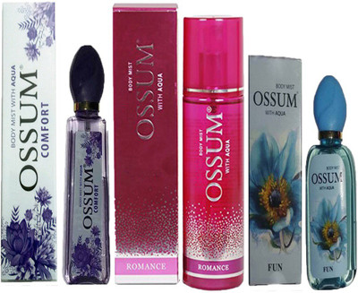 

OSSUM COMFORT BODY MIST 115ML+ ROMANCE BODY MIST 190ML+ FUN BODY MIST 115ML Deodorant Spray - For Men & Women(880 ml, Pack of 3)