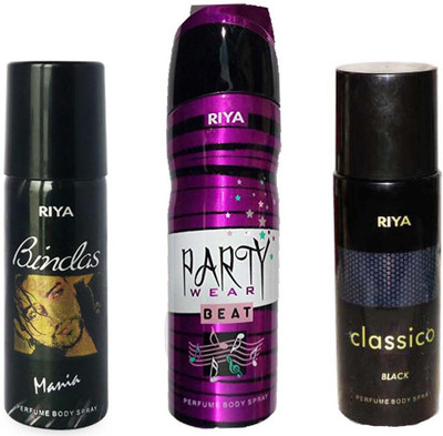 

Riya BINDAS MANIA PERFUME BODY SPRAY 150ML+PARTY WEAR BEAT PERFUME BODY SPRAY 200ML+CLASSICO BLACK PERFUME BODY SPRAY 150ML Deodorant Spray - For Men(150 ml, Pack of 3)