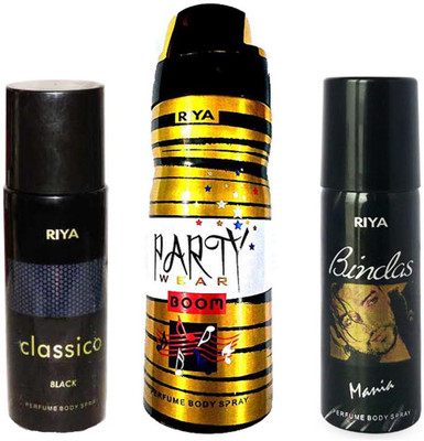 

Riya BINDAS MANIA PERFUME BODY SPRAY 150ML+ PARTY WEAR BOOM PERFUME BODY SPRAY 200ML+RIYA CLASSICO BLACK PERFUME BODY SPRAY 150ML Deodorant Spray - For Men(150 ml, Pack of 3)