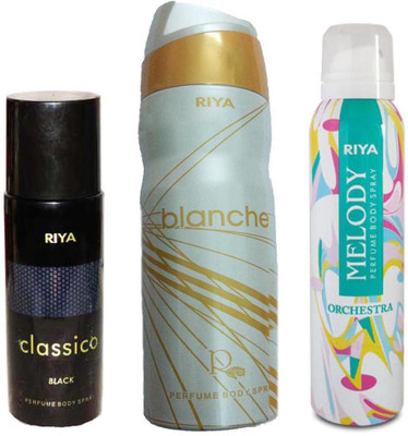 

Riya CLASSICO BLACK PERFUME BODY SPRAY 150ML+ BLANCHE PERFUME BODY SPRAY 200ML+RIYA MELODY PERFUME BODY SPRAY 150ML Deodorant Spray - For Men(150 ml, Pack of 3)