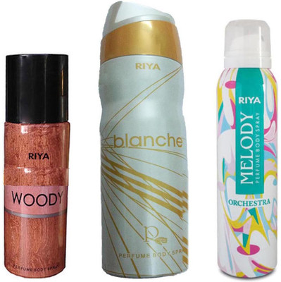 

Riya WOODY+ BLANCHE+ MELODY Deodorant Spray - For Men & Women(150 ml, Pack of 3)