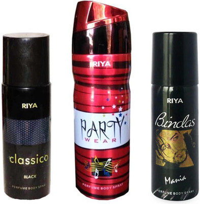 

Riya BINDAS MANIA PERFUME BODY SPRAY 150ML+PARTY WEAR PERFUME BODY SPRAY 200ML+CLASSICO BLACK PERFUME BODY SPRAY 150ML Deodorant Spray - For Men(150 ml, Pack of 3)