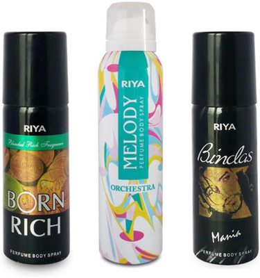 

Riya BORN RICH+ MELODY+ BINDAS MANIA Deodorant Spray - For Men & Women(150 ml, Pack of 3)