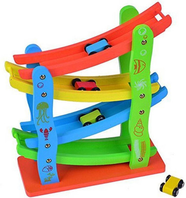 

Saiyanshi 4 Level Ramp Racer --Wooden Zig Zag Car Slider Includes Four Mini Cars(Multicolor)