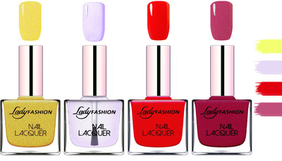 

Lady Fashion Extra Shine Extra Long Stay Chip Resistant Nail Polish Golden,Top Coat,Red,Maroon(Pack of 4)