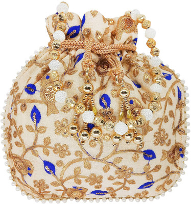 

Bagaholics Ethnic Silk Potli Batwa Pouch Bag with Embroidery and Metal Beadwork Gift For Women Potli(Blue)