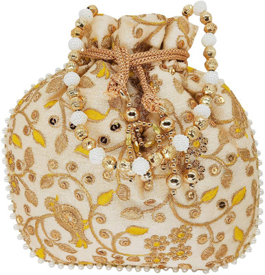 

Bagaholics Ethnic Silk Potli Batwa Pouch Bag with Embroidery and Metal Beadwork Gift For Women Potli(Yellow)