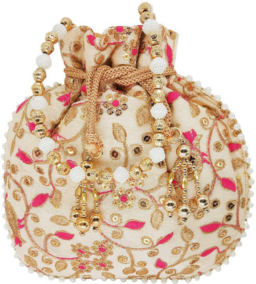 

Bagaholics Ethnic Silk Potli Batwa Pouch Bag with Embroidery and Metal Beadwork Gift For Women Potli(Pink)