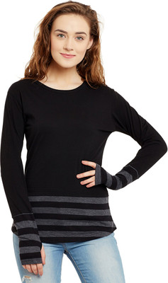 HYPERNATION Striped, Solid Women Round Neck Black, Grey T-Shirt