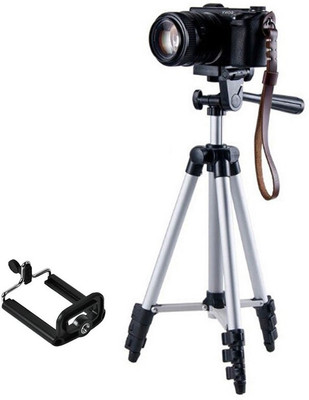 

m s megaslim Tripod-3110 Portable Adjustable Aluminium High Quality Lightweight Camera Stand With Three-Dimensional Head & Quick Release Plate For Video Cameras, Tripod With Mobile Clip Holder Tripod(Silver, Black, Supports Up to 1500 g)
