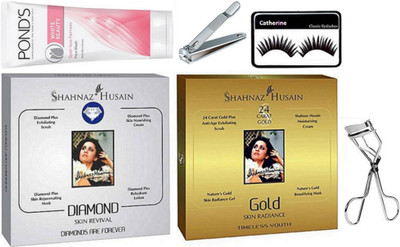 

catherine eyelashes with shahnaz husain gold and diamond facial kit , ponds white beauty spot-less face wash, eyelashes curler with nail cutter(Set of 6)