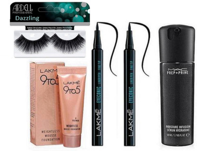 

Dazzling Eyelashes , lakme weightless mousse foundation , eyeconic pen eyeliner set of 2 with MAC Prep + Prime Moisture Infusion Serum Hydratant (Set of 5)(Set of 5)